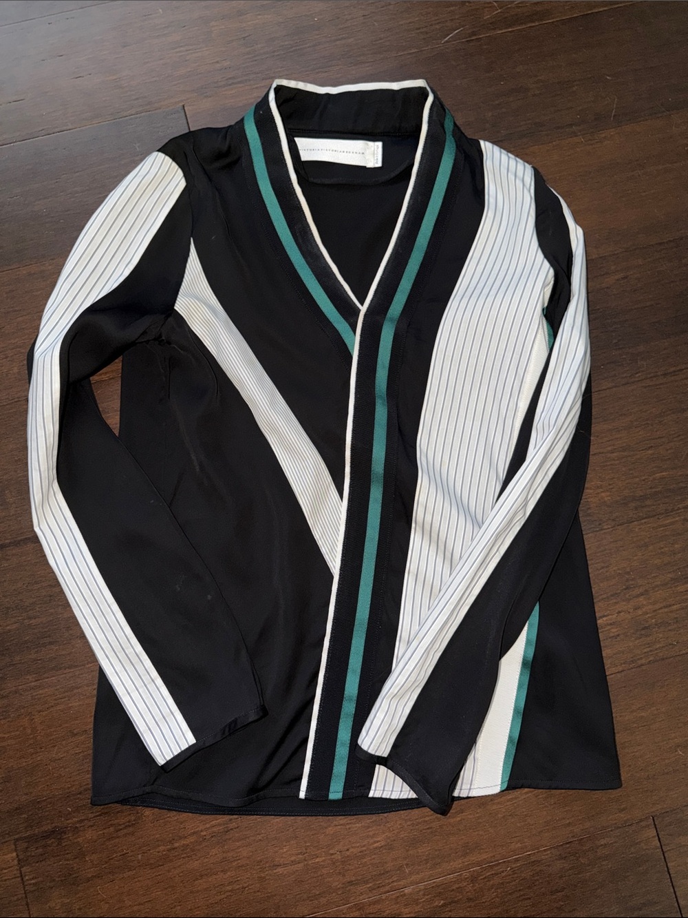 Victoria Beckham Black V-Neck Top with Green and White Trim
